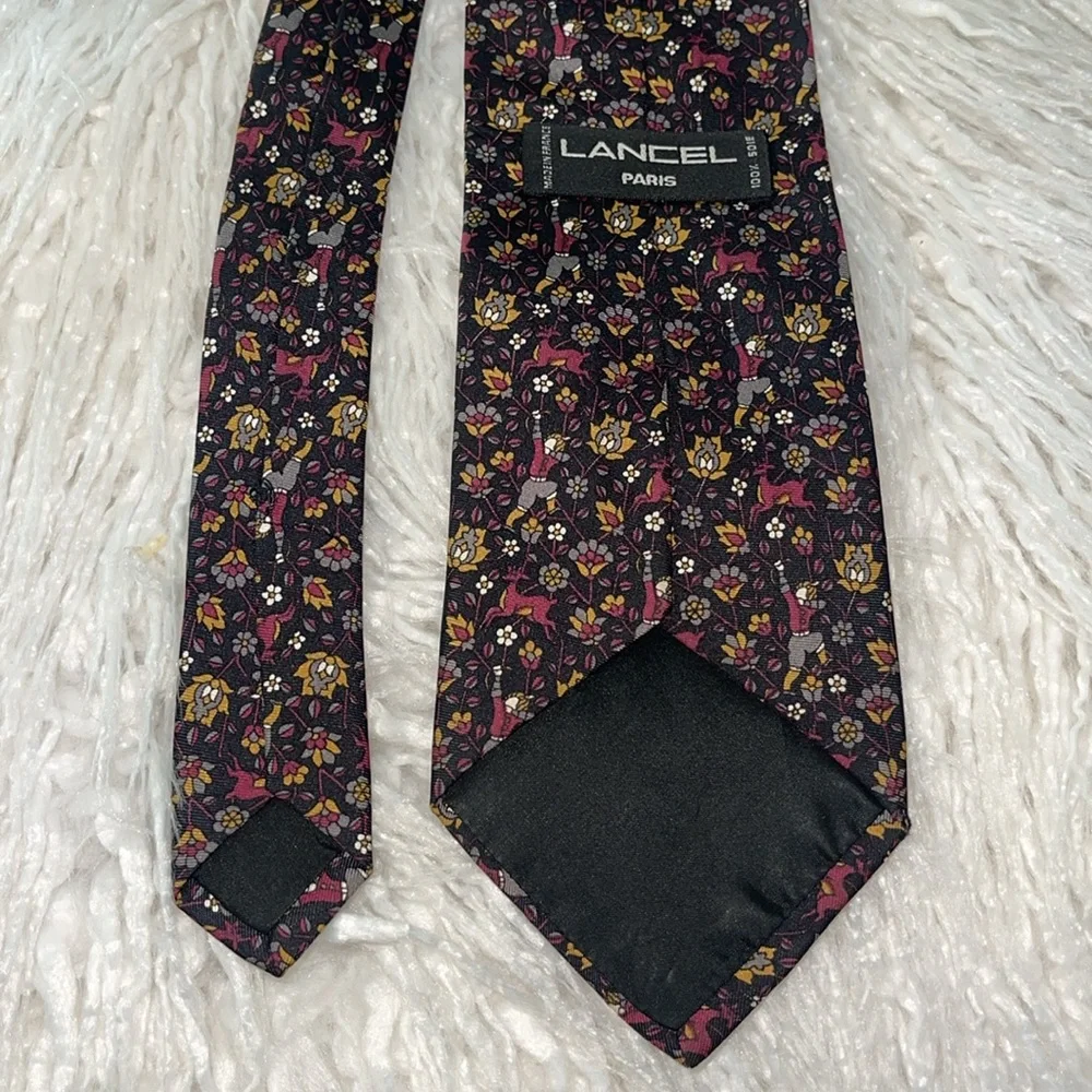 LANCEL PARIS 100% Silk Tie Floral Hunting Deer Print Burgundy Gray Mustard Black